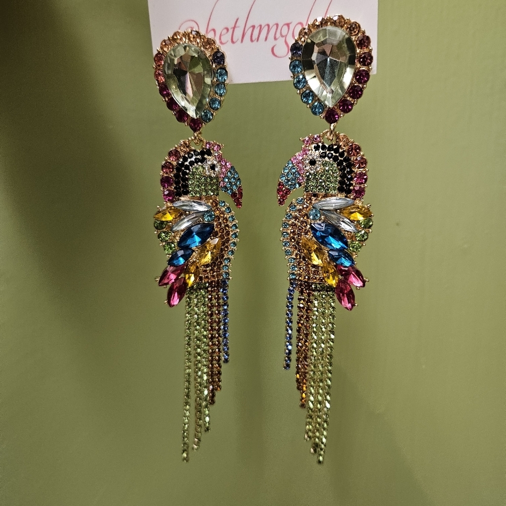 Parrot Rhinestone Statement Earrings Multi-color - Picture 8 of 10